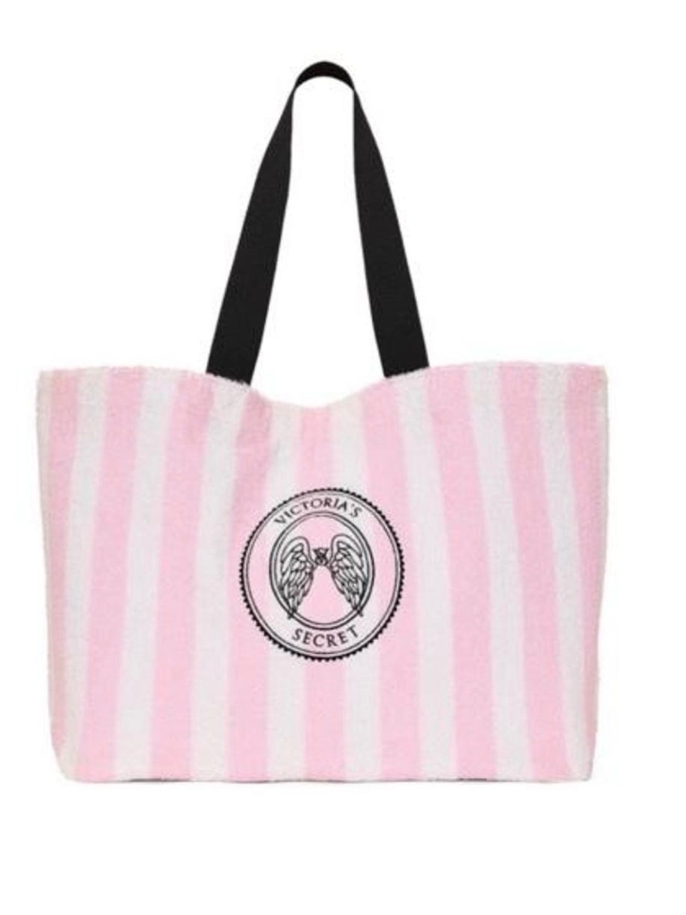 Victoria's Secret Pink and White Striped Tote with Black Handles
